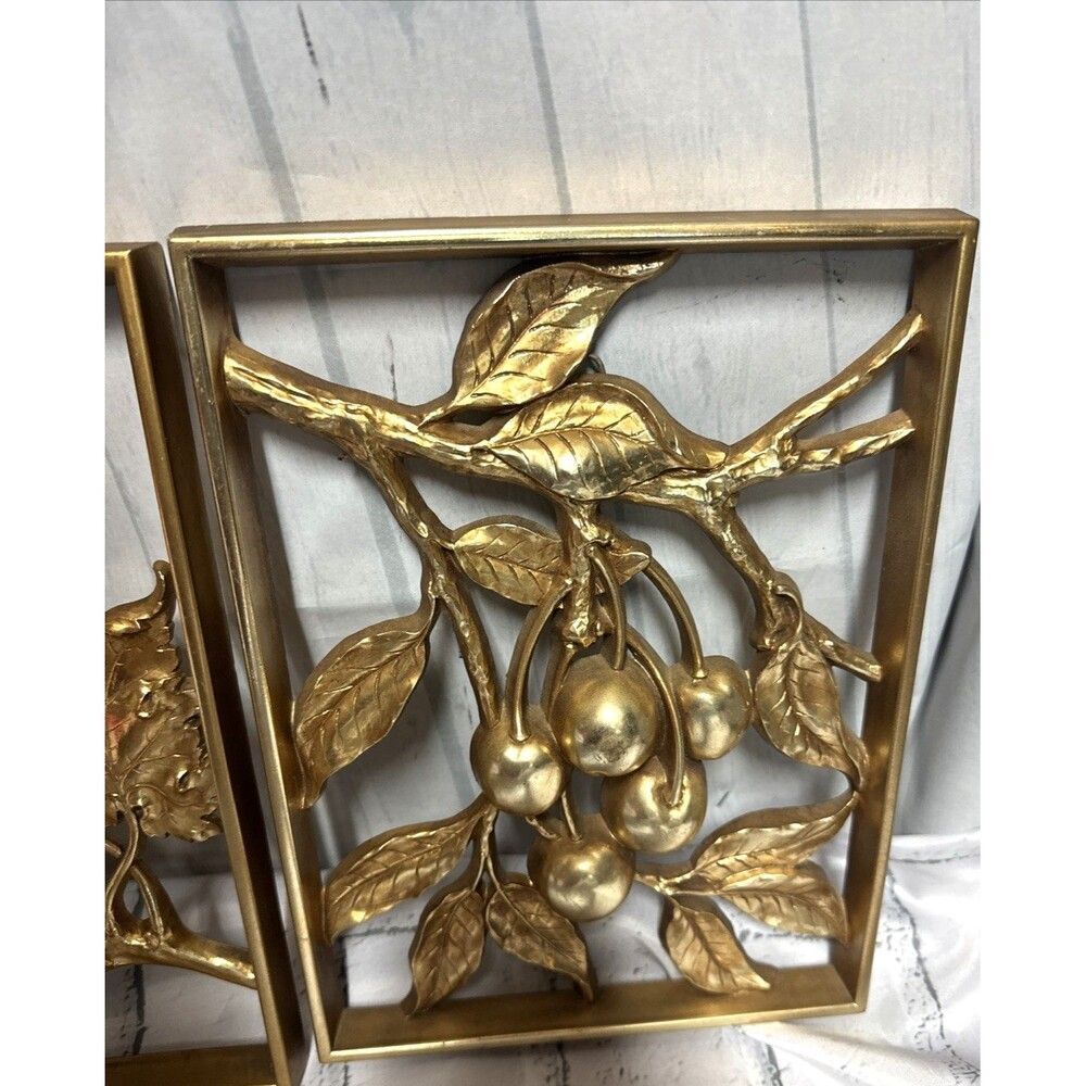 Hollywood Regency Syroco Gold Wall Plaques Set Lot 4 MCM Four Fruit Panels Boho - Picture 5 of 11